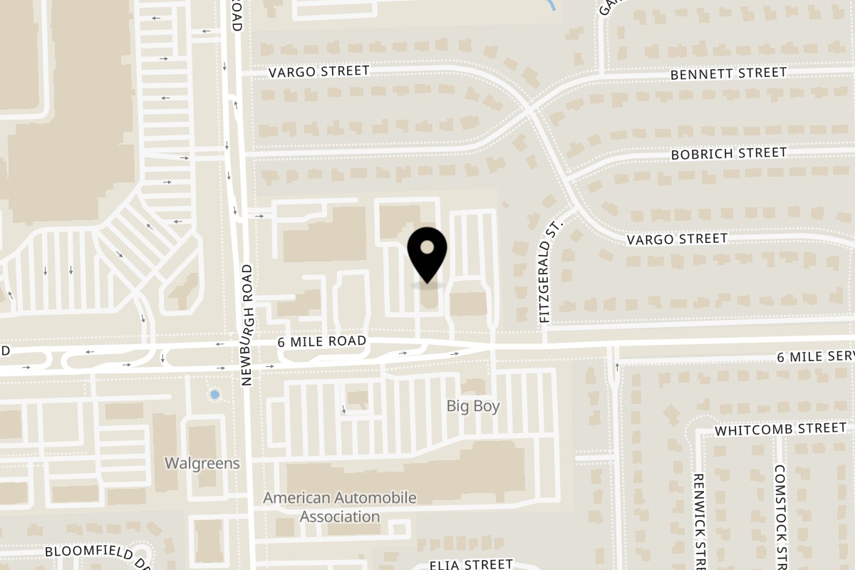 Map showing the location of Raj Palace Indian Cuisine on 37116 Six Mile Rd in Livonia